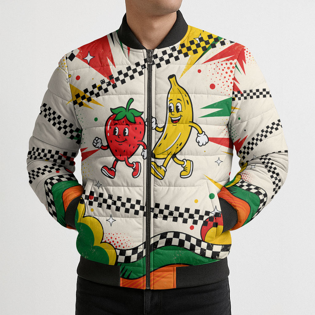 Support Your Fruity Friends Love Wins Gay Pride Bomber Puffer Jacket LGBTQ Retro 30s Cartoon Checkered