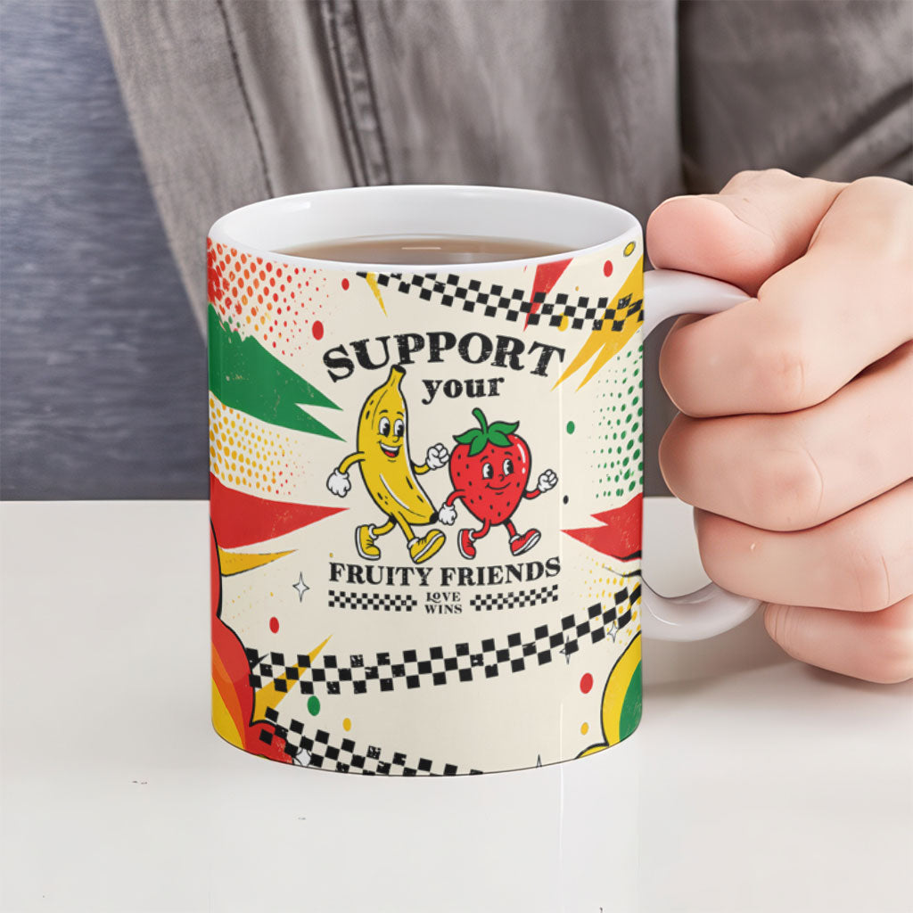 Support Your Fruity Friends Love Wins Gay Pride Ceramic Mug LGBTQ Retro 30s Cartoon Checkered