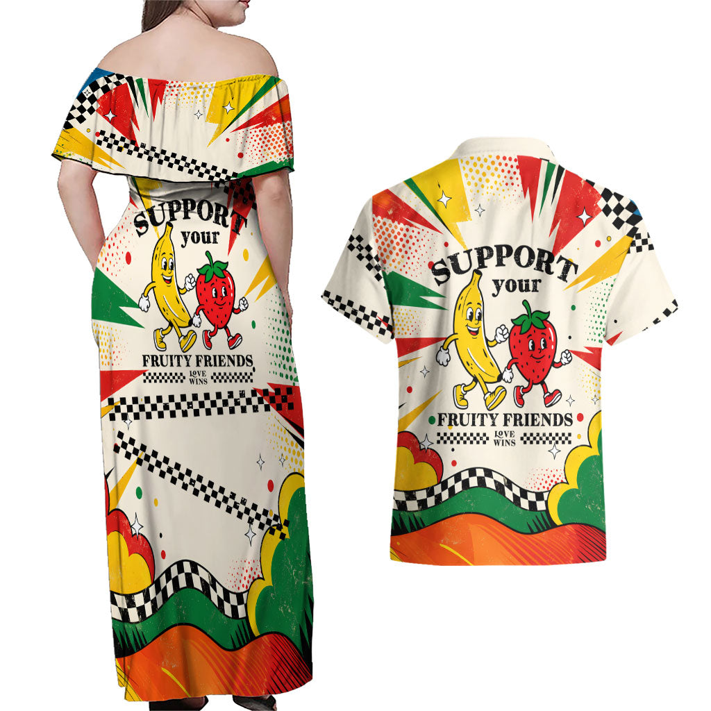 Support Your Fruity Friends Love Wins Gay Pride Couples Matching Off Shoulder Maxi Dress and Hawaiian Shirt LGBTQ Retro 30s Cartoon Checkered