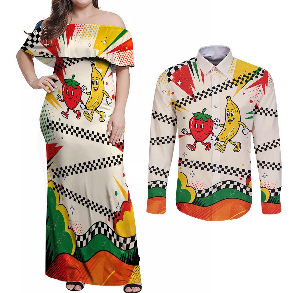 Support Your Fruity Friends Love Wins Gay Pride Couples Matching Off Shoulder Maxi Dress and Long Sleeve Button Shirt LGBTQ Retro 30s Cartoon Checkered