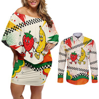 Support Your Fruity Friends Love Wins Gay Pride Couples Matching Off Shoulder Short Dress and Long Sleeve Button Shirt LGBTQ Retro 30s Cartoon Checkered