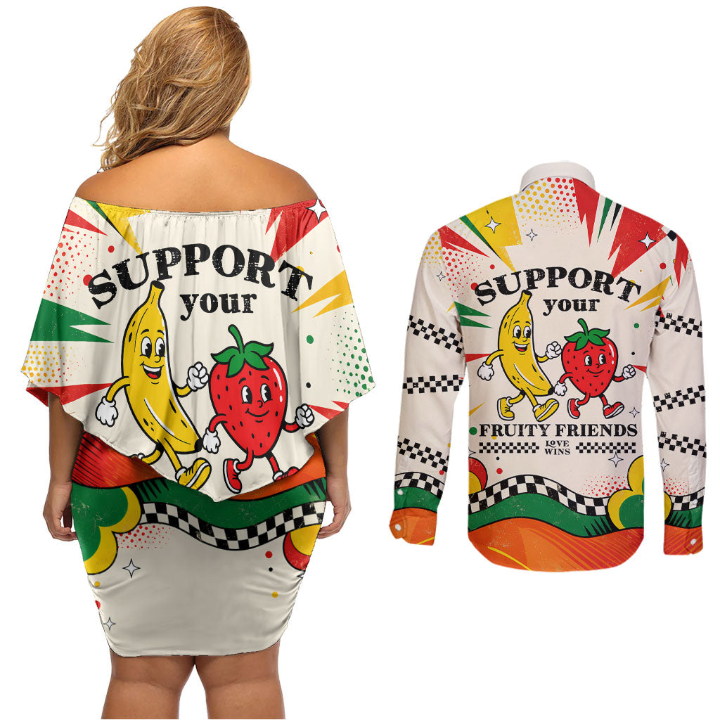 Support Your Fruity Friends Love Wins Gay Pride Couples Matching Off Shoulder Short Dress and Long Sleeve Button Shirt LGBTQ Retro 30s Cartoon Checkered