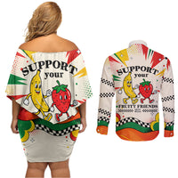 Support Your Fruity Friends Love Wins Gay Pride Couples Matching Off Shoulder Short Dress and Long Sleeve Button Shirt LGBTQ Retro 30s Cartoon Checkered
