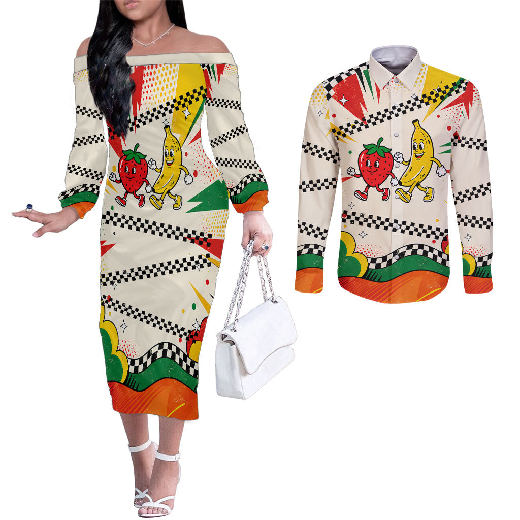 Support Your Fruity Friends Love Wins Gay Pride Couples Matching Off The Shoulder Long Sleeve Dress and Long Sleeve Button Shirt LGBTQ Retro 30s Cartoon Checkered