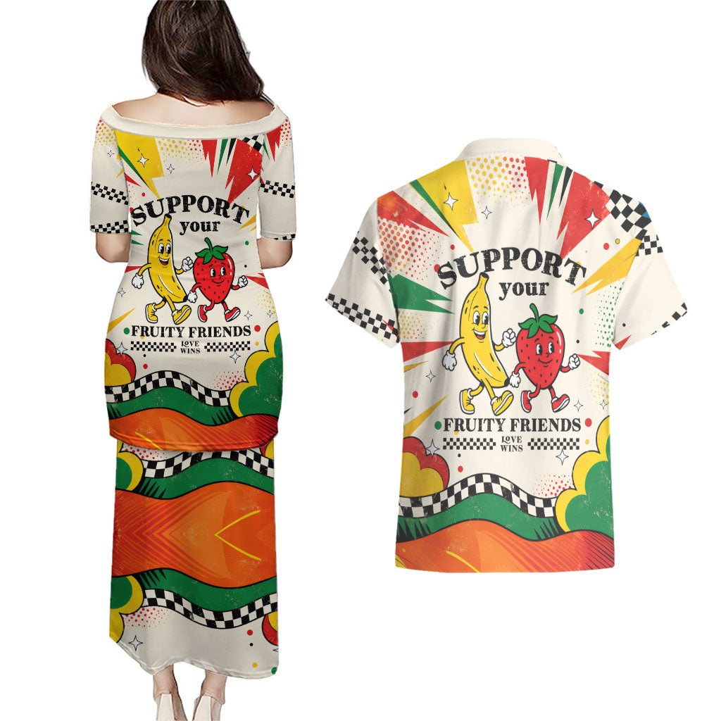 Support Your Fruity Friends Love Wins Gay Pride Couples Matching Puletasi and Hawaiian Shirt LGBTQ Retro 30s Cartoon Checkered