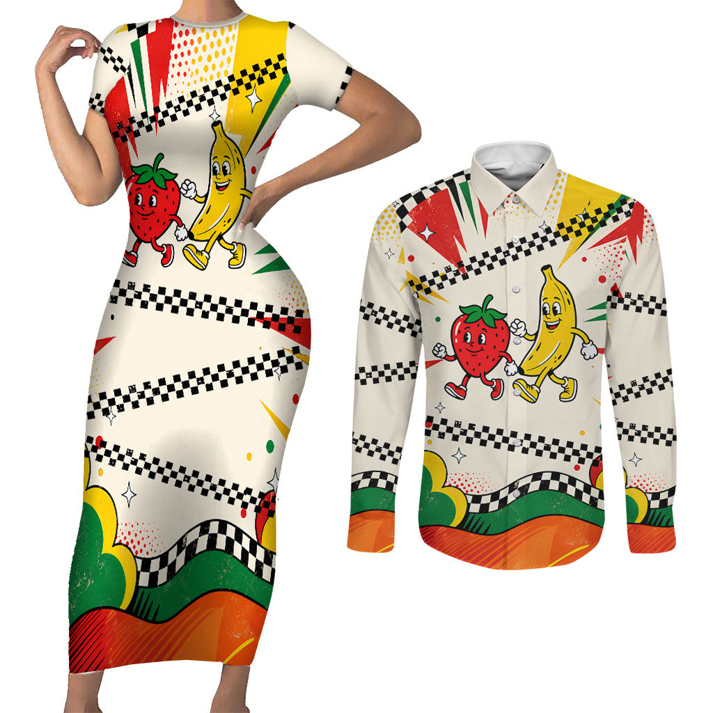 Support Your Fruity Friends Love Wins Gay Pride Couples Matching Short Sleeve Bodycon Dress and Long Sleeve Button Shirt LGBTQ Retro 30s Cartoon Checkered