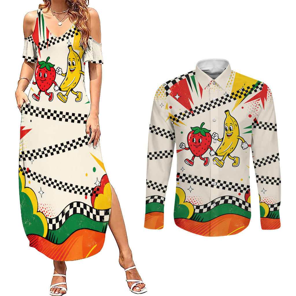 Support Your Fruity Friends Love Wins Gay Pride Couples Matching Summer Maxi Dress and Long Sleeve Button Shirt LGBTQ Retro 30s Cartoon Checkered