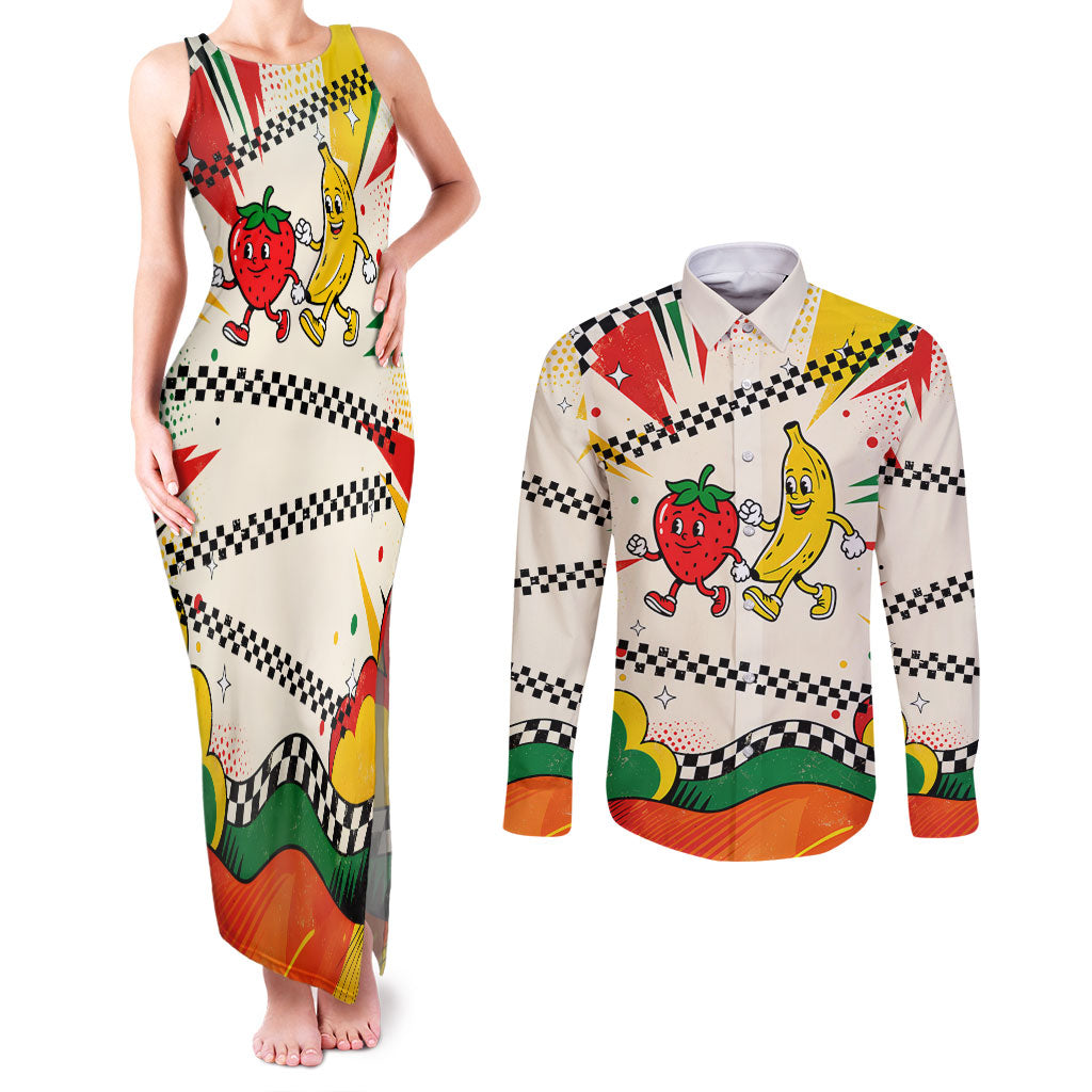 Support Your Fruity Friends Love Wins Gay Pride Couples Matching Tank Maxi Dress and Long Sleeve Button Shirt LGBTQ Retro 30s Cartoon Checkered