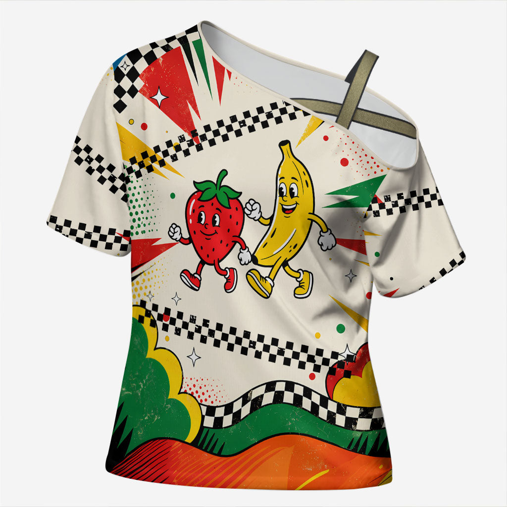 Support Your Fruity Friends Love Wins Gay Pride Cross Shoulder Shirt LGBTQ Retro 30s Cartoon Checkered