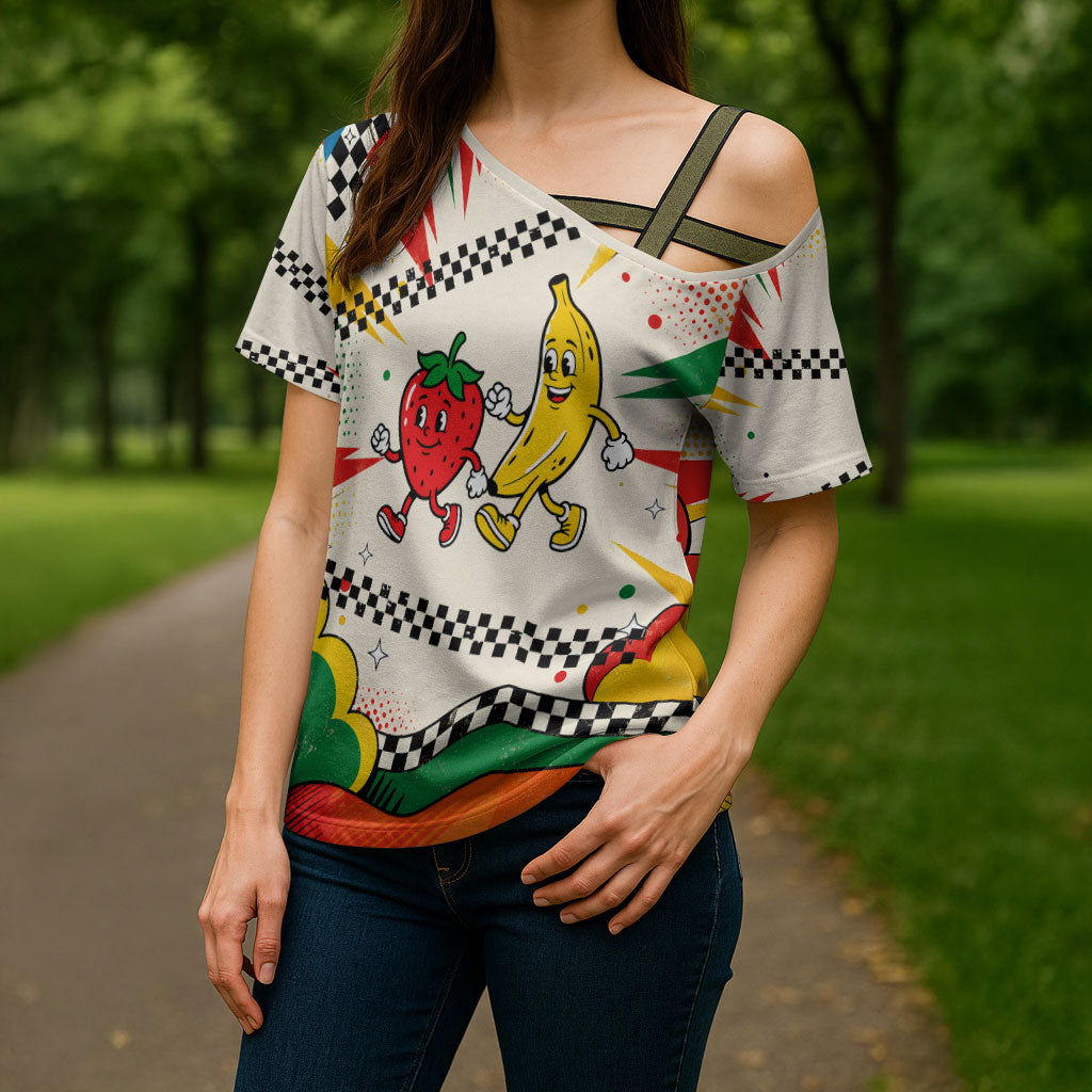 Support Your Fruity Friends Love Wins Gay Pride Cross Shoulder Shirt LGBTQ Retro 30s Cartoon Checkered