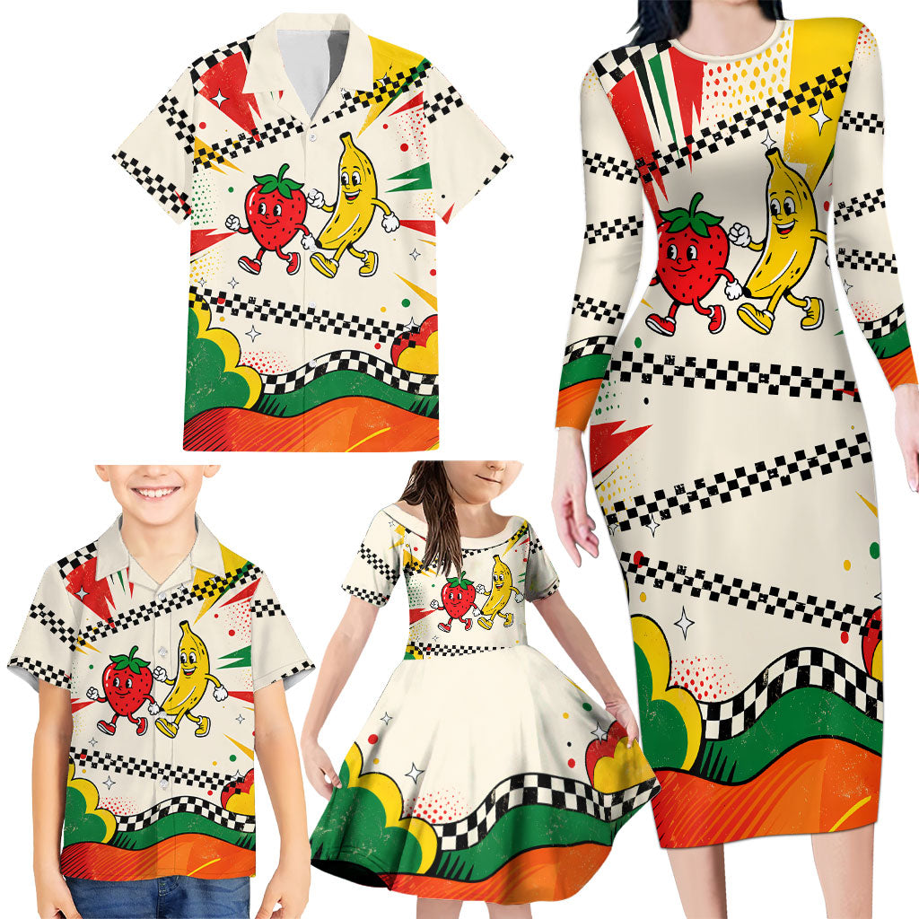 Support Your Fruity Friends Love Wins Gay Pride Family Matching Long Sleeve Bodycon Dress and Hawaiian Shirt LGBTQ Retro 30s Cartoon Checkered