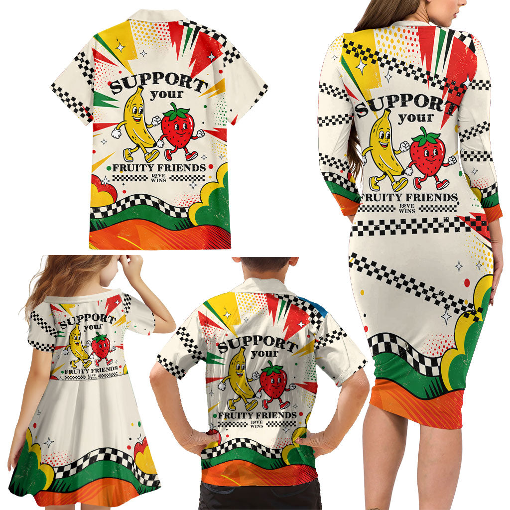 Support Your Fruity Friends Love Wins Gay Pride Family Matching Long Sleeve Bodycon Dress and Hawaiian Shirt LGBTQ Retro 30s Cartoon Checkered
