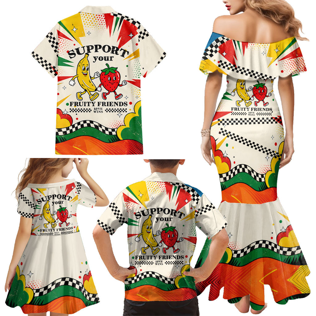 Support Your Fruity Friends Love Wins Gay Pride Family Matching Mermaid Dress and Hawaiian Shirt LGBTQ Retro 30s Cartoon Checkered