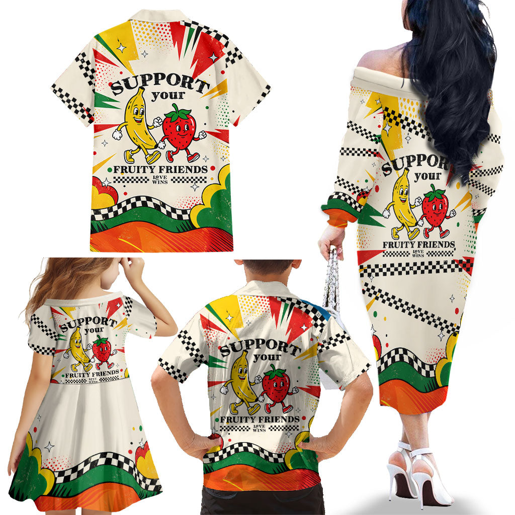 Support Your Fruity Friends Love Wins Gay Pride Family Matching Off The Shoulder Long Sleeve Dress and Hawaiian Shirt LGBTQ Retro 30s Cartoon Checkered