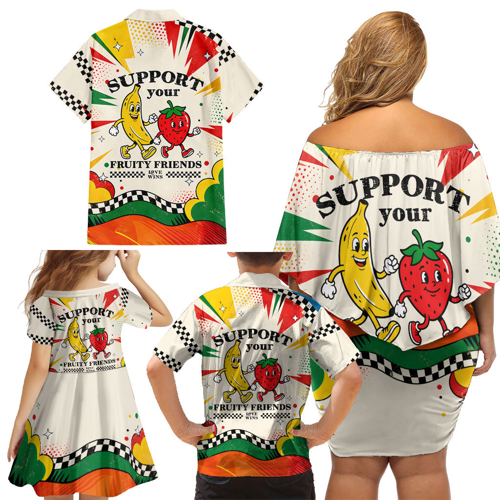 Support Your Fruity Friends Love Wins Gay Pride Family Matching Off Shoulder Short Dress and Hawaiian Shirt LGBTQ Retro 30s Cartoon Checkered