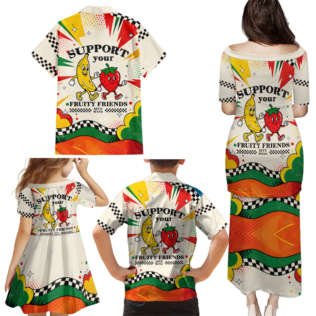 Support Your Fruity Friends Love Wins Gay Pride Family Matching Puletasi and Hawaiian Shirt LGBTQ Retro 30s Cartoon Checkered