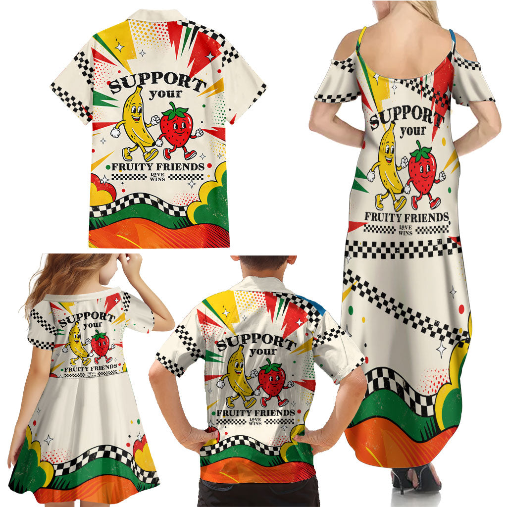 Support Your Fruity Friends Love Wins Gay Pride Family Matching Summer Maxi Dress and Hawaiian Shirt LGBTQ Retro 30s Cartoon Checkered