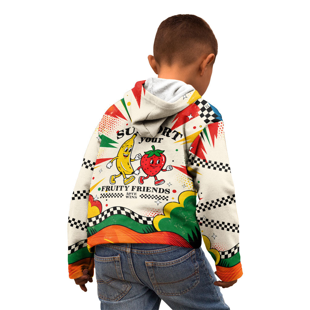 Support Your Fruity Friends Love Wins Gay Pride Kid Hoodie LGBTQ Retro 30s Cartoon Checkered