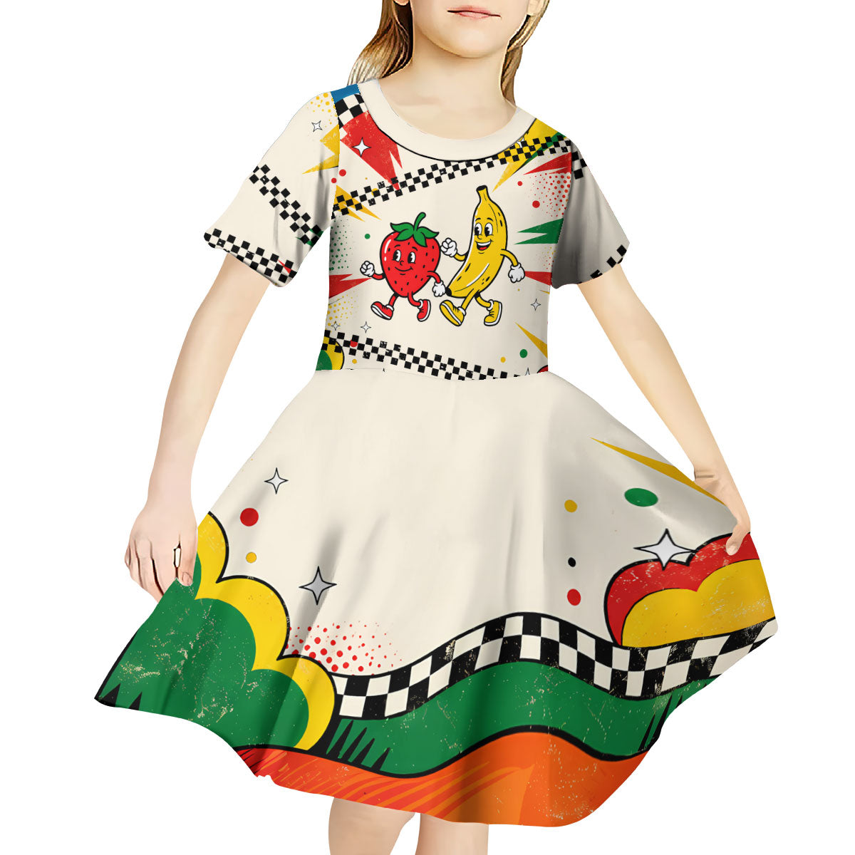Support Your Fruity Friends Love Wins Gay Pride Kid Short Sleeve Dress LGBTQ Retro 30s Cartoon Checkered