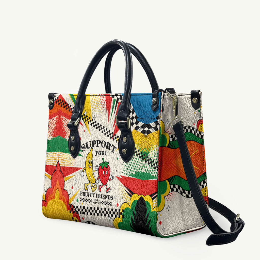 Support Your Fruity Friends Love Wins Gay Pride Leather Bag LGBTQ Retro 30s Cartoon Checkered