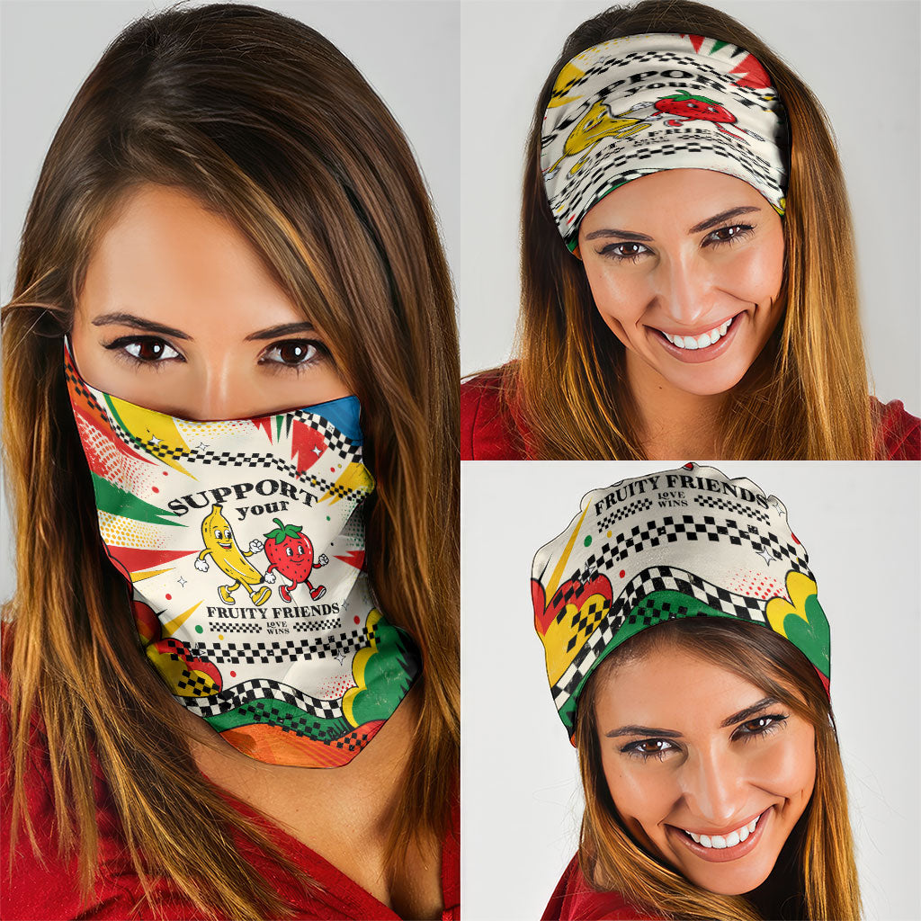Support Your Fruity Friends Love Wins Gay Pride Neck Gaiter LGBTQ Retro 30s Cartoon Checkered