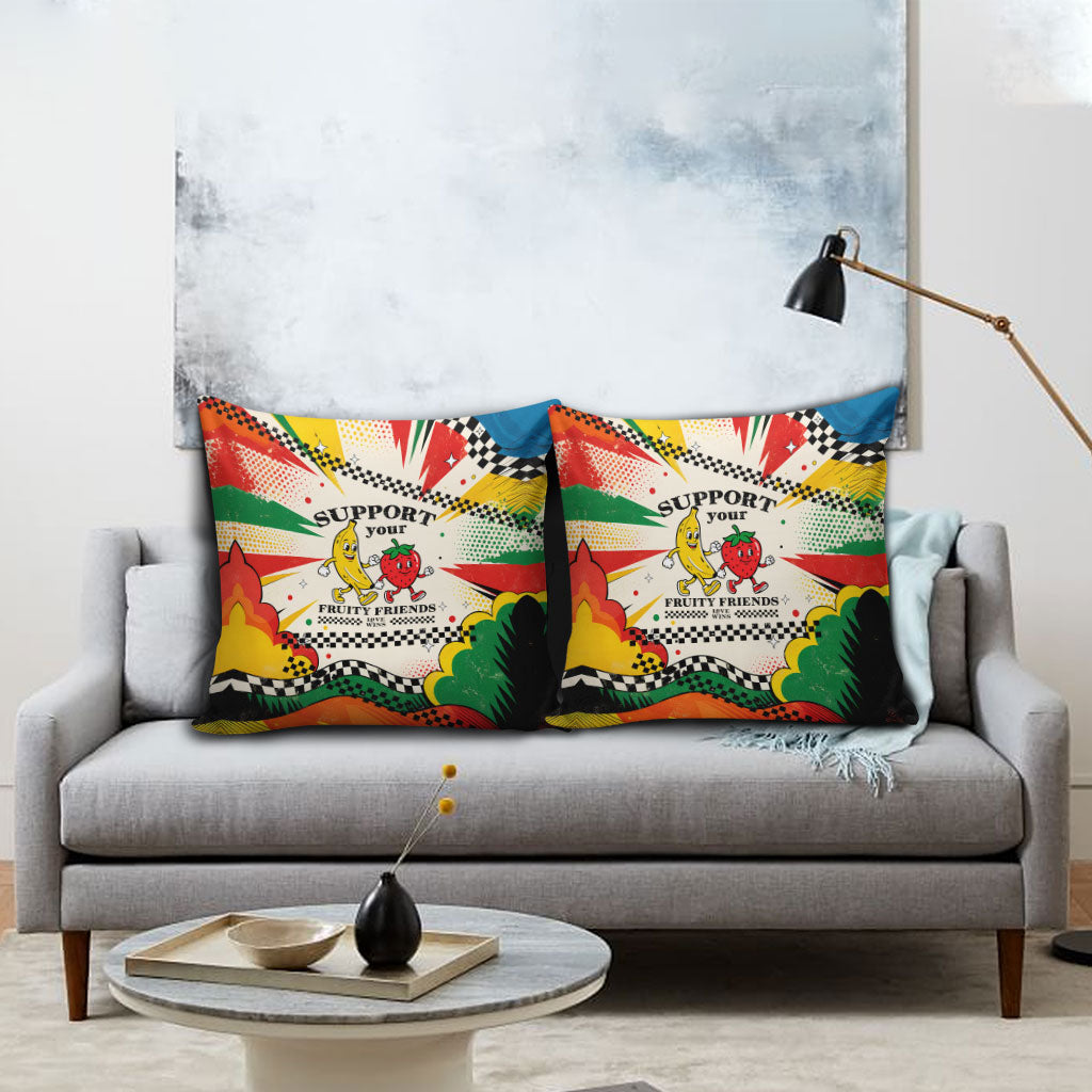 Support Your Fruity Friends Love Wins Gay Pride Pillow Cover LGBTQ Retro 30s Cartoon Checkered