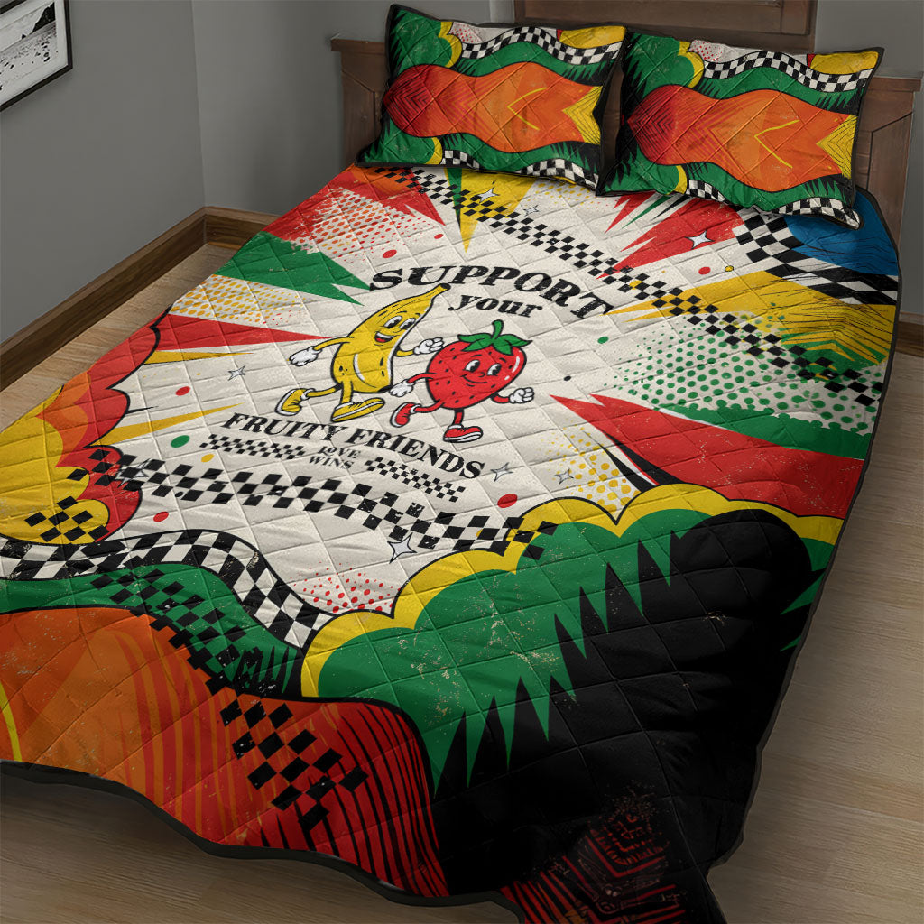Support Your Fruity Friends Love Wins Gay Pride Quilt Bed Set LGBTQ Retro 30s Cartoon Checkered