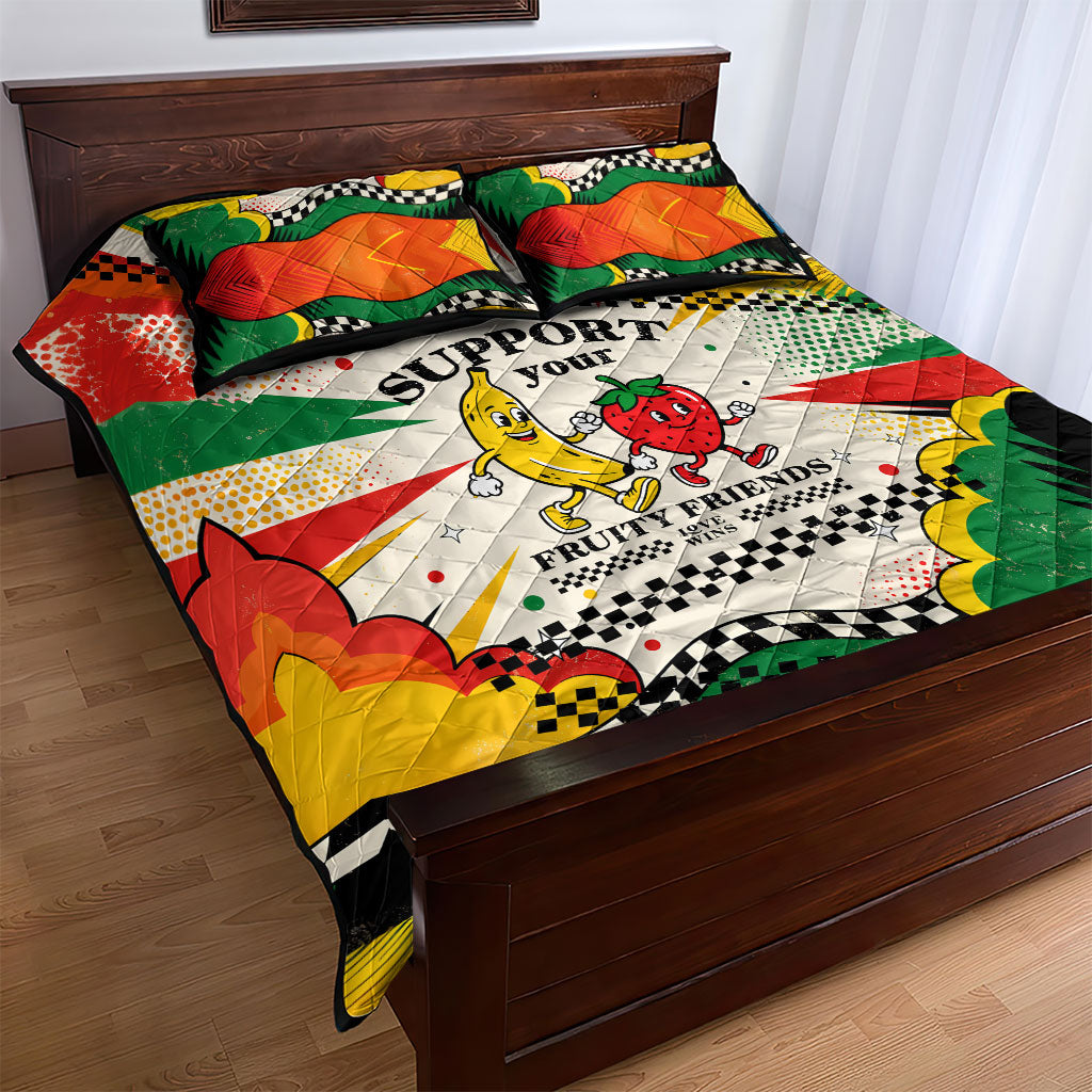 Support Your Fruity Friends Love Wins Gay Pride Quilt Bed Set LGBTQ Retro 30s Cartoon Checkered