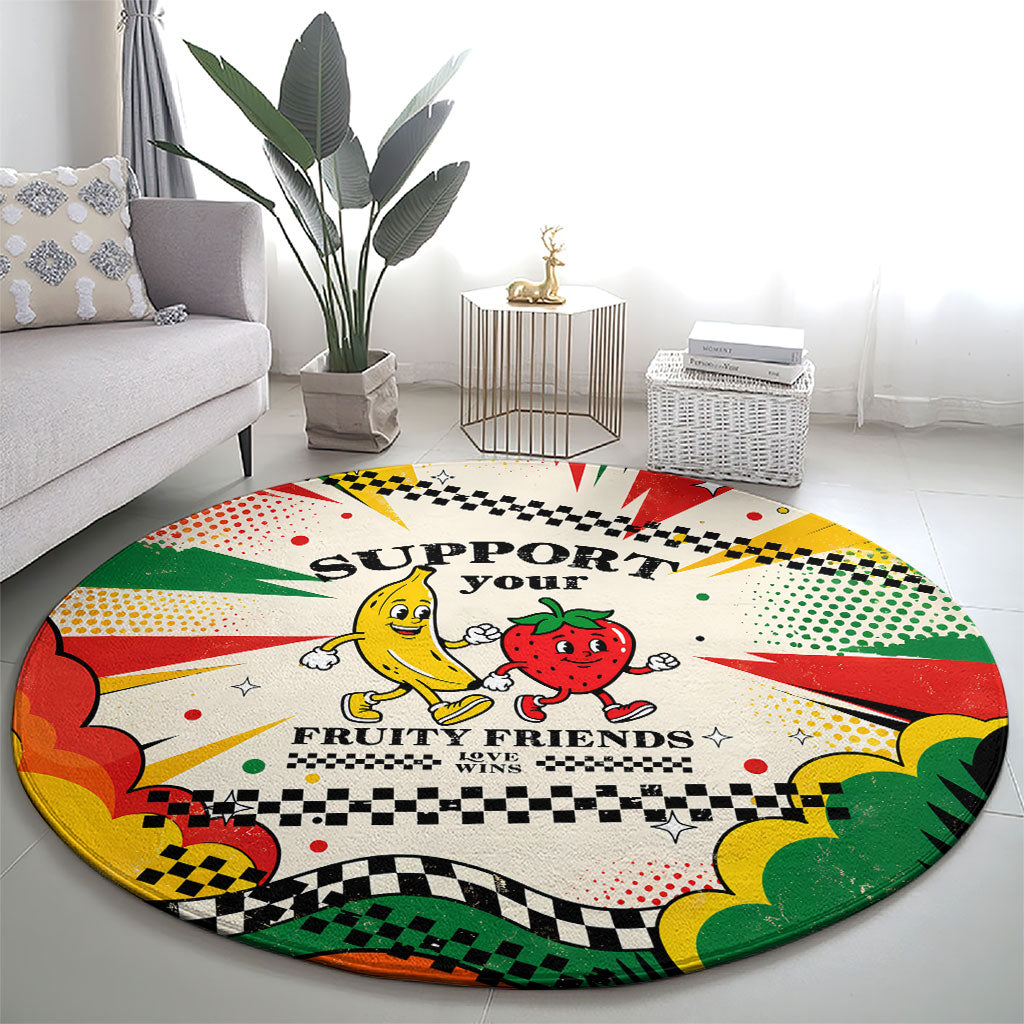 Support Your Fruity Friends Love Wins Gay Pride Round Carpet LGBTQ Retro 30s Cartoon Checkered