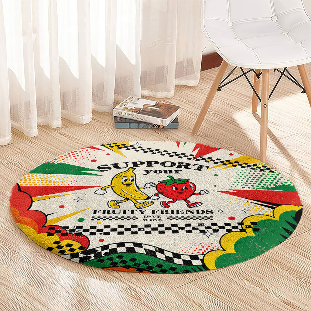 Support Your Fruity Friends Love Wins Gay Pride Round Carpet LGBTQ Retro 30s Cartoon Checkered