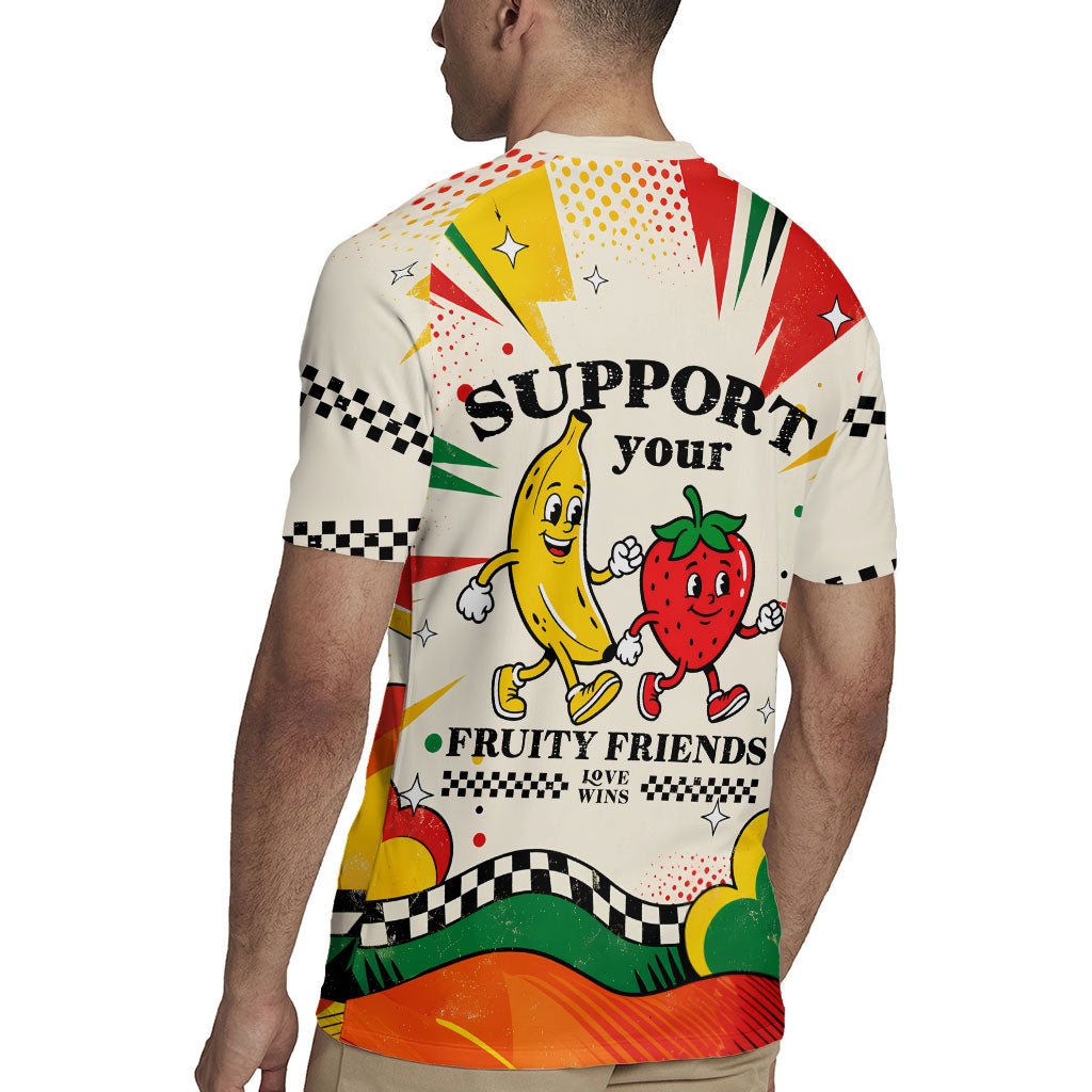 Support Your Fruity Friends Love Wins Gay Pride Rugby Jersey LGBTQ Retro 30s Cartoon Checkered