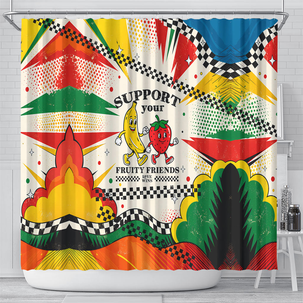 Support Your Fruity Friends Love Wins Gay Pride Shower Curtain LGBTQ Retro 30s Cartoon Checkered