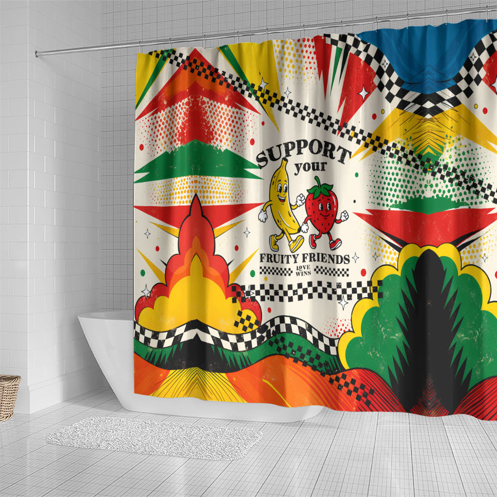 Support Your Fruity Friends Love Wins Gay Pride Shower Curtain LGBTQ Retro 30s Cartoon Checkered