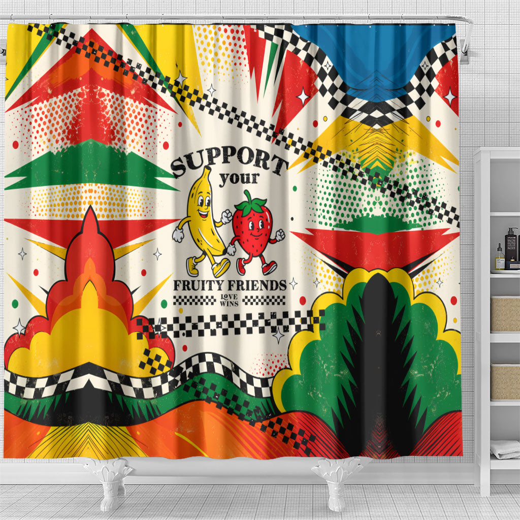 Support Your Fruity Friends Love Wins Gay Pride Shower Curtain LGBTQ Retro 30s Cartoon Checkered