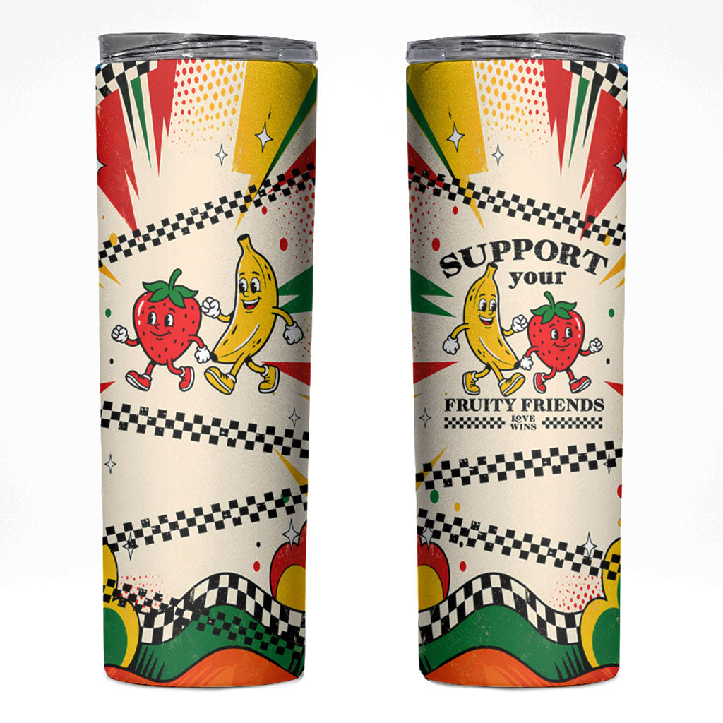 Support Your Fruity Friends Love Wins Gay Pride Skinny Tumbler LGBTQ Retro 30s Cartoon Checkered