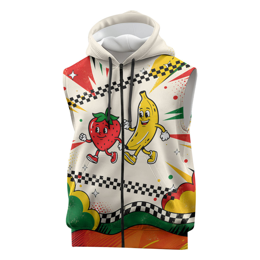 Support Your Fruity Friends Love Wins Gay Pride Sleeveless Zip Hoodie LGBTQ Retro 30s Cartoon Checkered