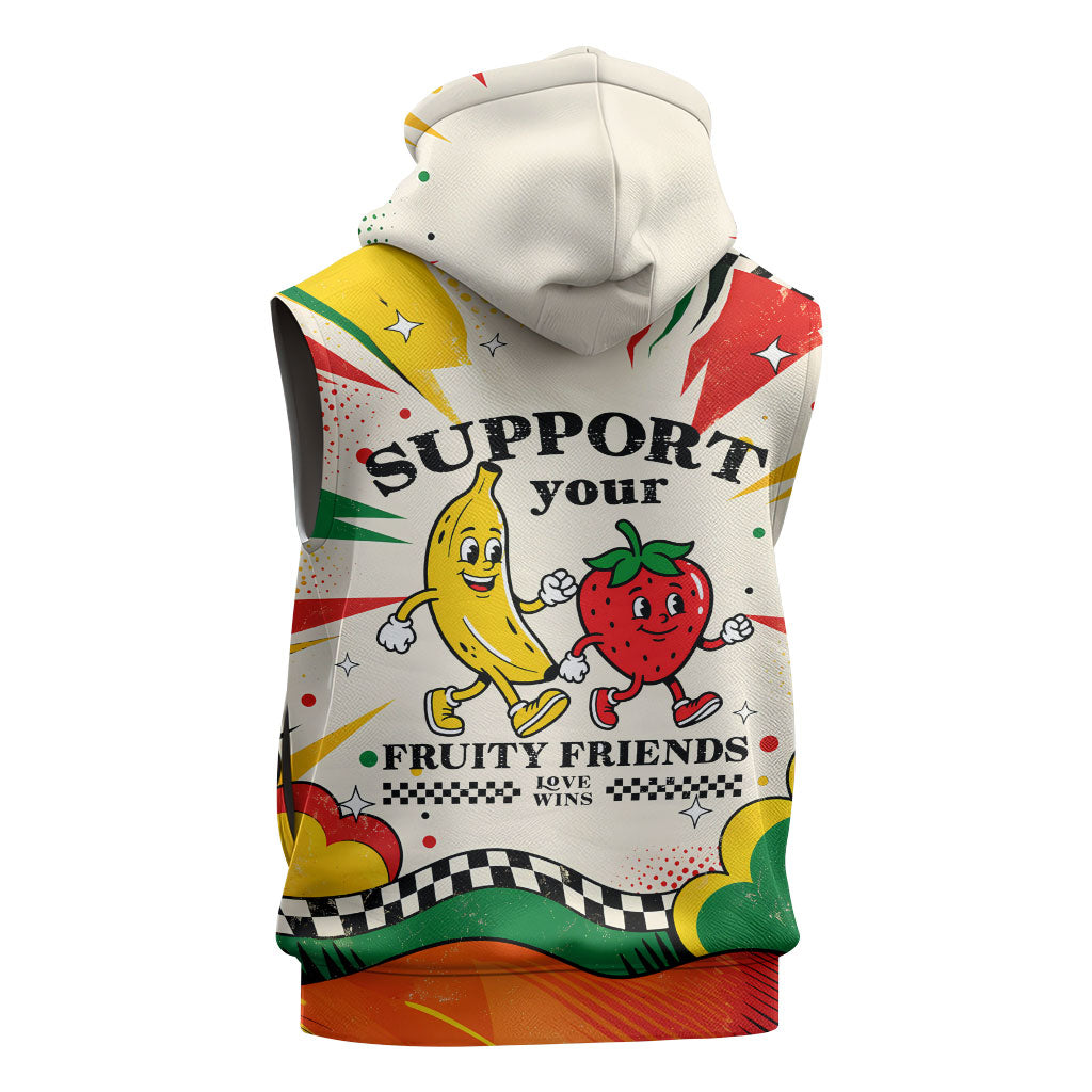 Support Your Fruity Friends Love Wins Gay Pride Sleeveless Zip Hoodie LGBTQ Retro 30s Cartoon Checkered