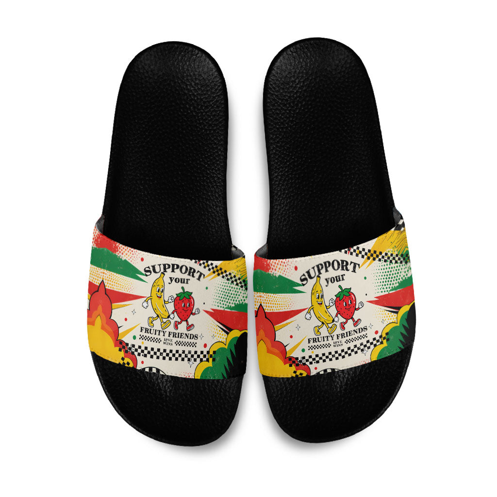 Support Your Fruity Friends Love Wins Gay Pride Slide Sandals LGBTQ Retro 30s Cartoon Checkered