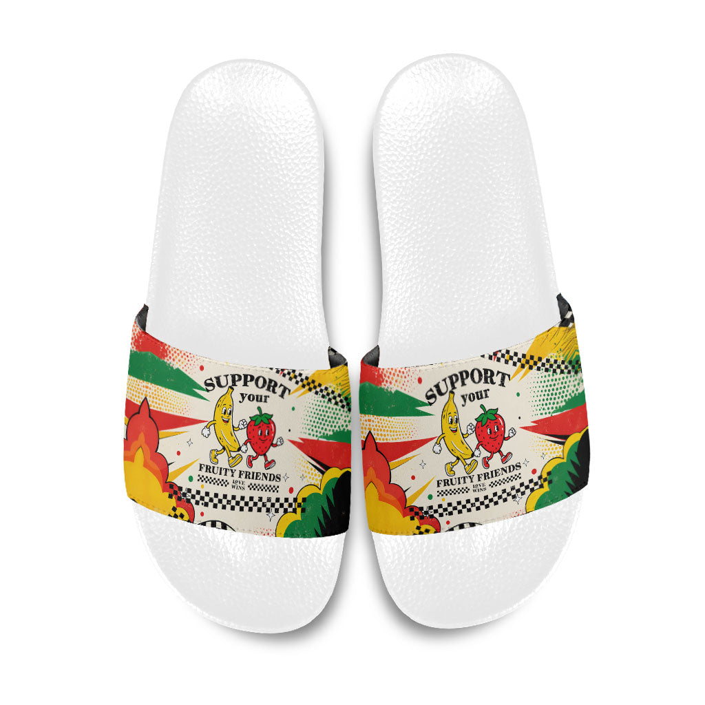Support Your Fruity Friends Love Wins Gay Pride Slide Sandals LGBTQ Retro 30s Cartoon Checkered