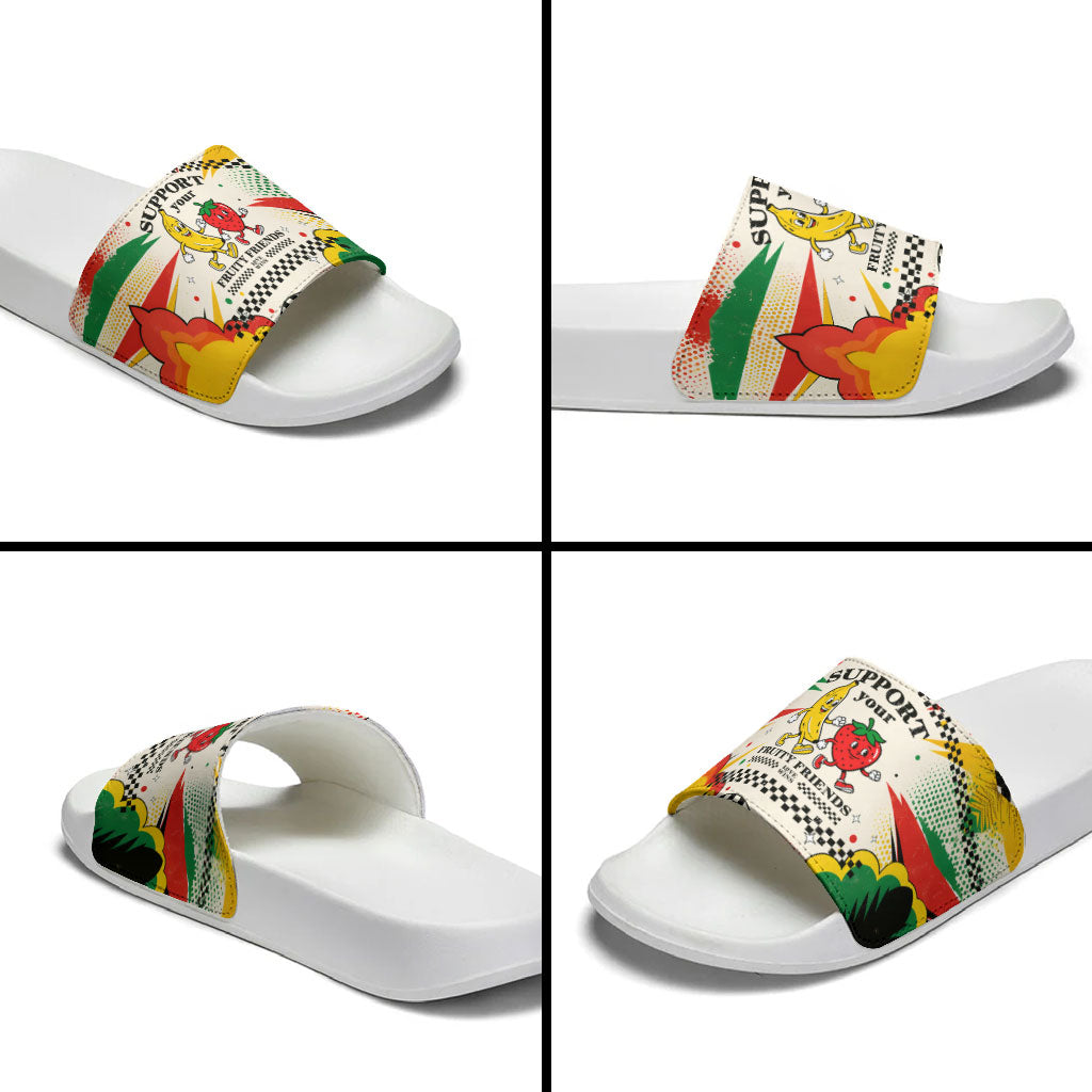 Support Your Fruity Friends Love Wins Gay Pride Slide Sandals LGBTQ Retro 30s Cartoon Checkered