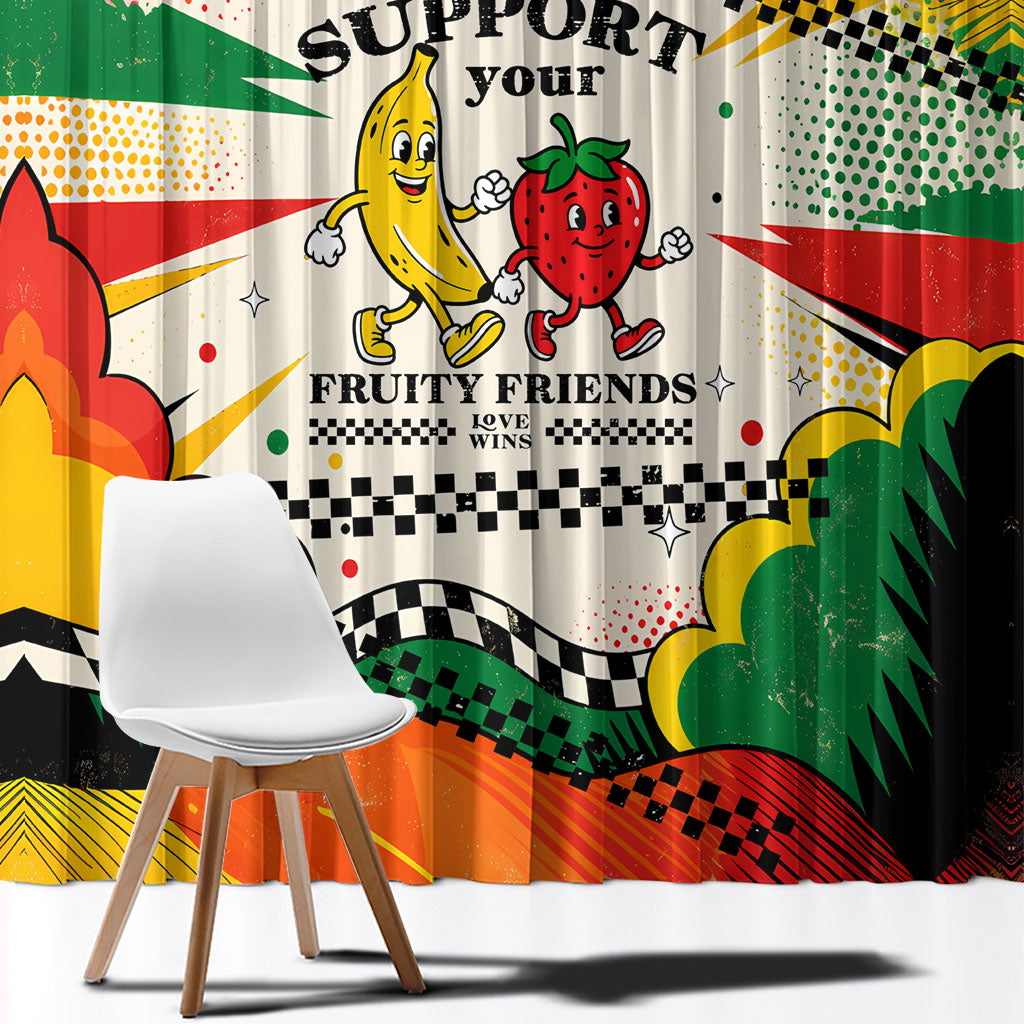 Support Your Fruity Friends Love Wins Gay Pride Window Curtain LGBTQ Retro 30s Cartoon Checkered
