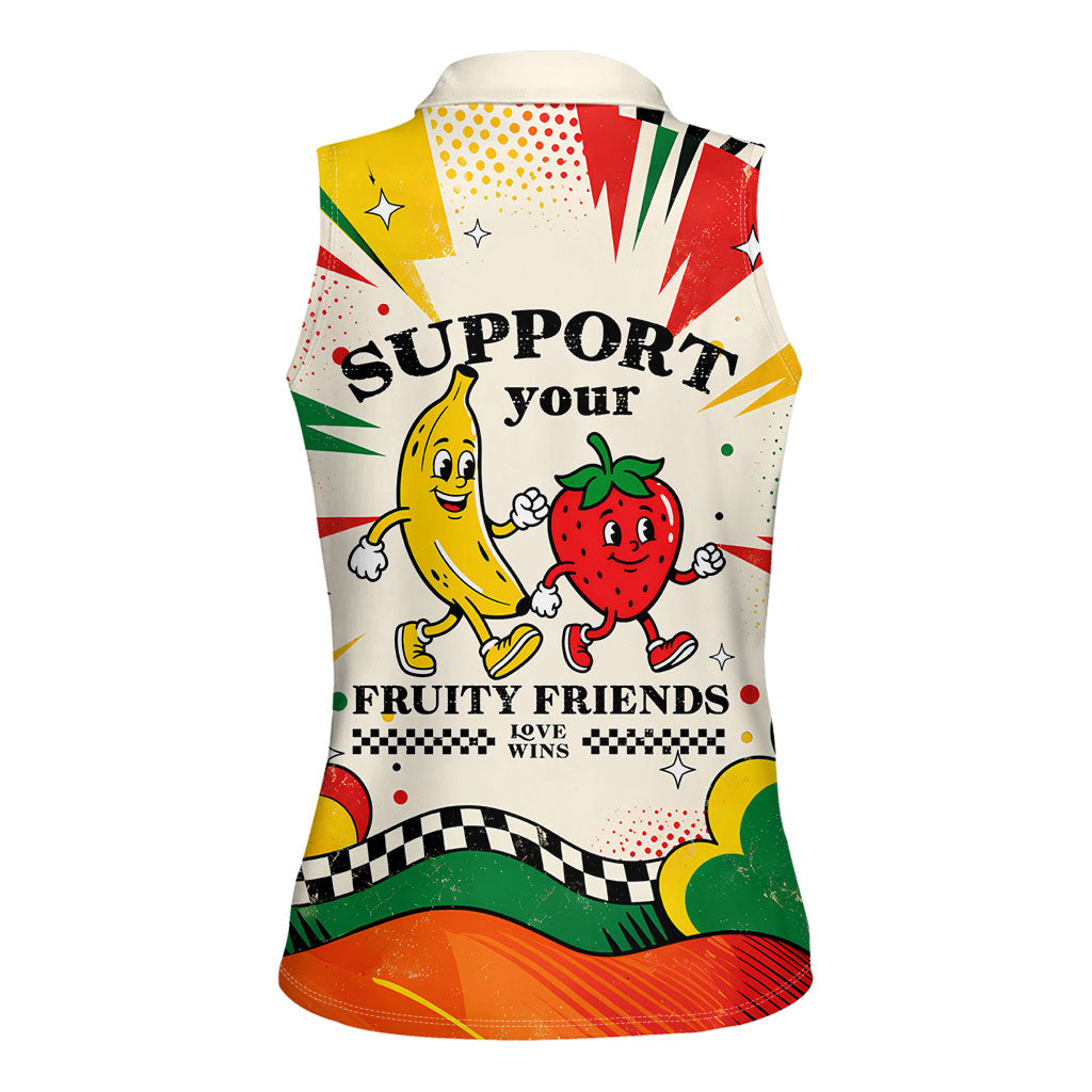 Support Your Fruity Friends Love Wins Gay Pride Women Sleeveless Polo Shirt LGBTQ Retro 30s Cartoon Checkered
