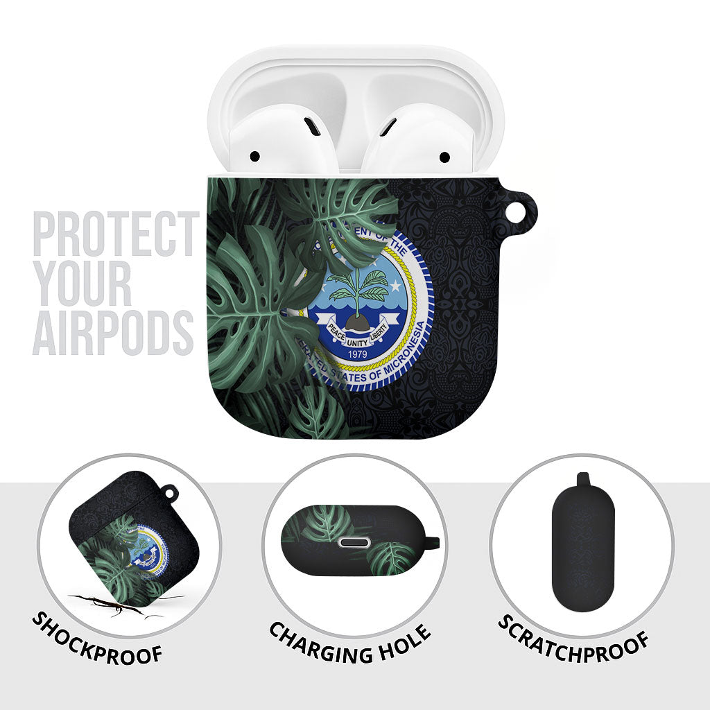 Federated States Of Micronesia AirPods Case FSM Tropical Monstera Leaf Dark Tribal Pattern