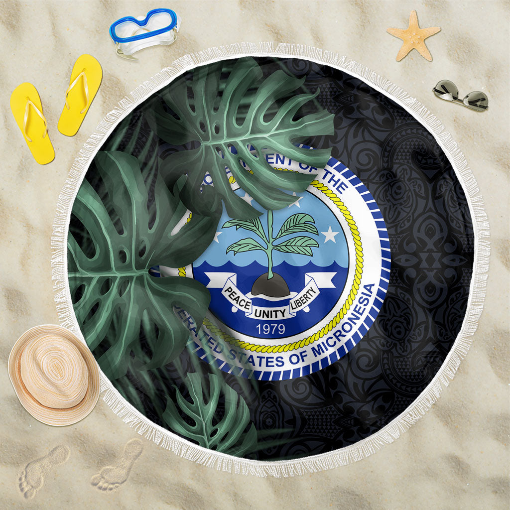 Federated States Of Micronesia Beach Blanket FSM Tropical Monstera Leaf Dark Tribal Pattern