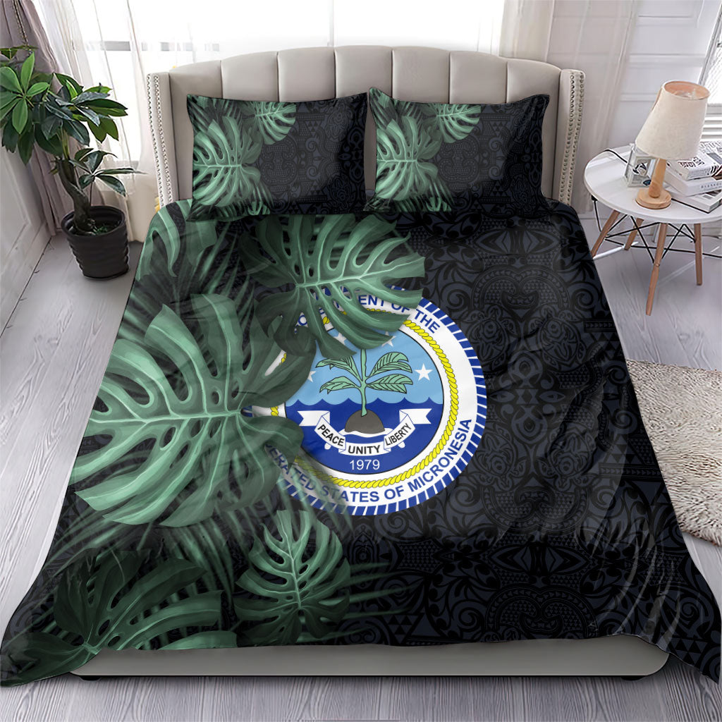 Federated States Of Micronesia Bedding Set FSM Tropical Monstera Leaf Dark Tribal Pattern
