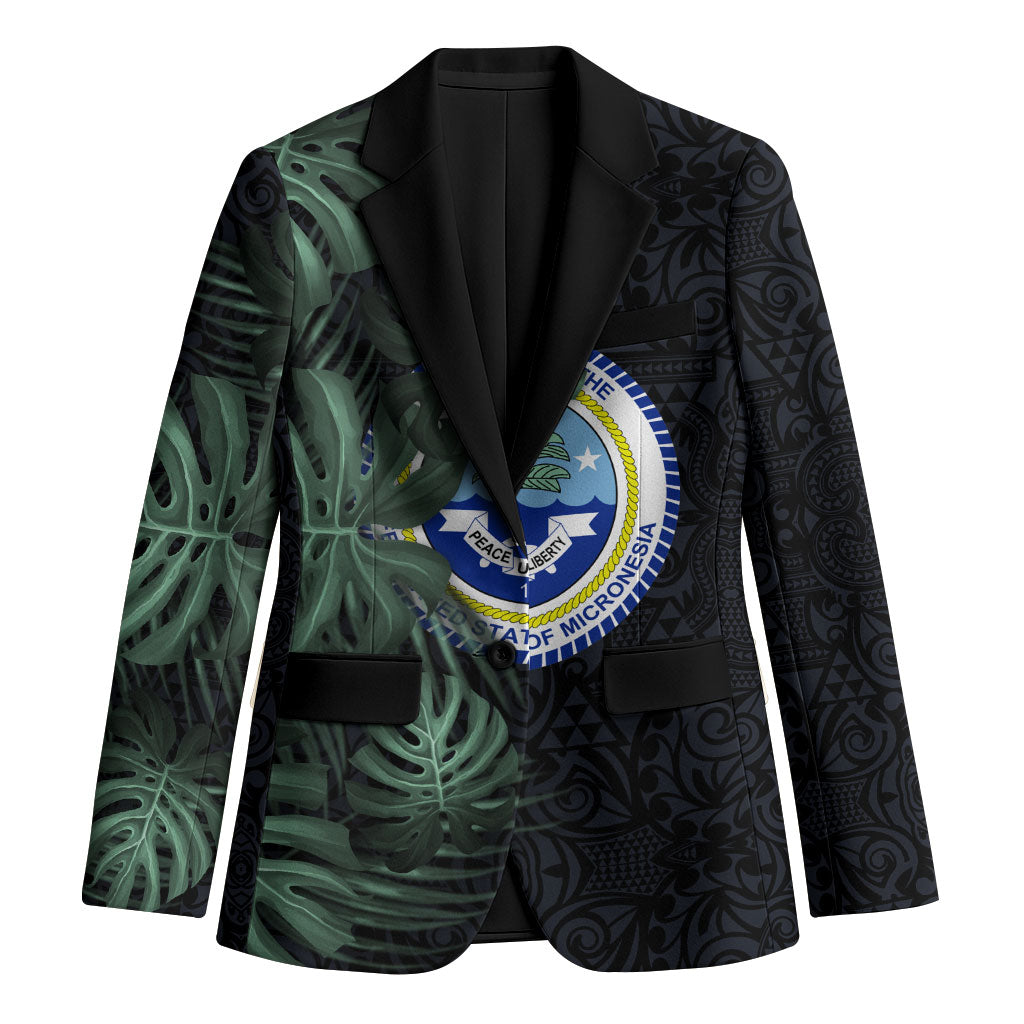 Federated States Of Micronesia Blazer FSM Tropical Monstera Leaf Dark Tribal Pattern