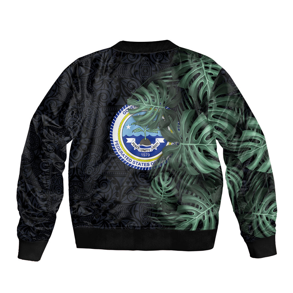 Federated States Of Micronesia Bomber Jacket FSM Tropical Monstera Leaf Dark Tribal Pattern