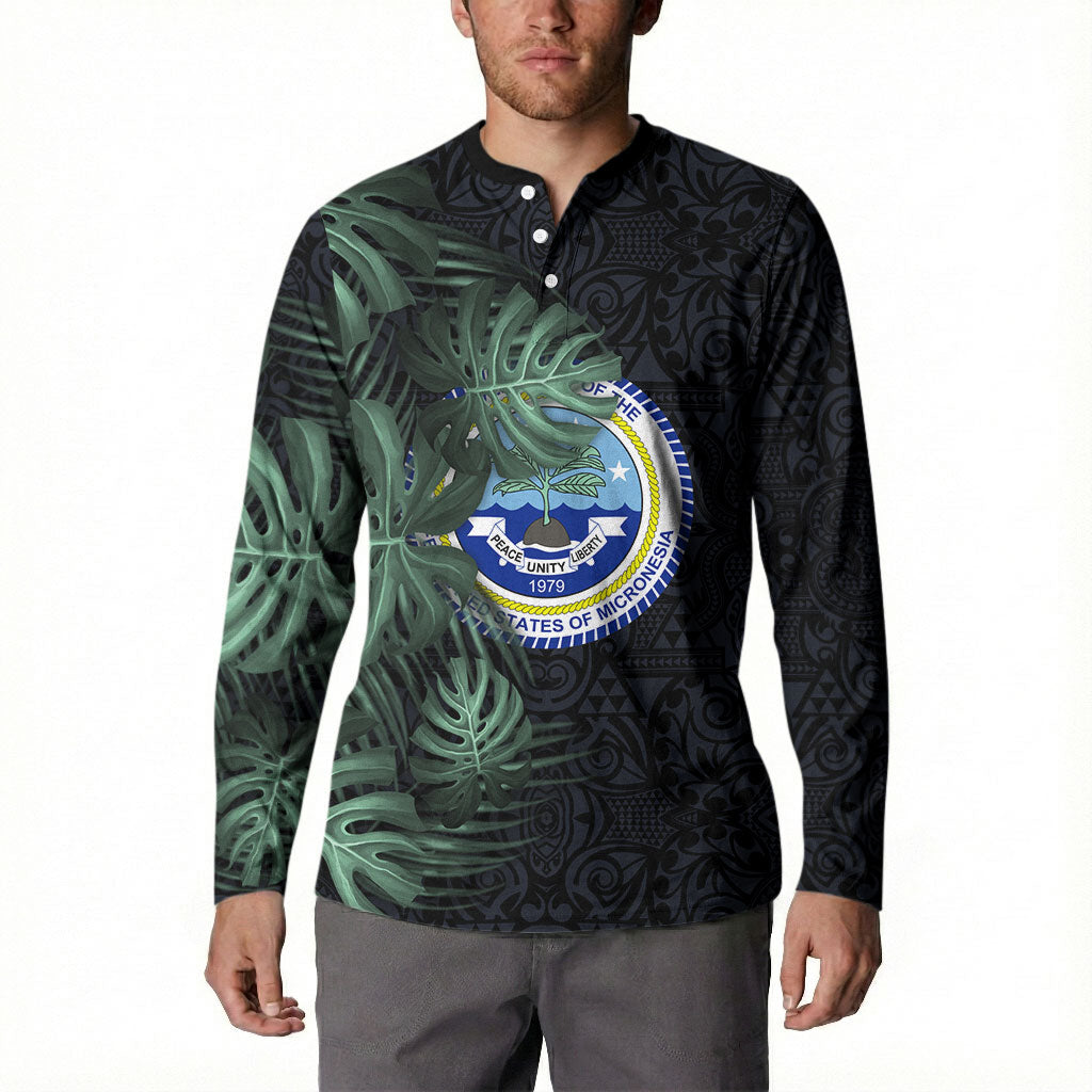 Federated States Of Micronesia Button Sweatshirt FSM Tropical Monstera Leaf Dark Tribal Pattern