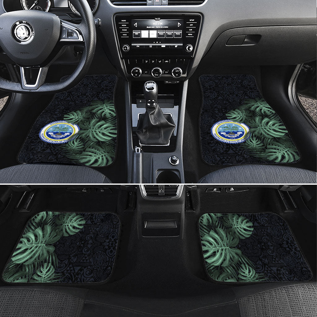 Federated States Of Micronesia Car Mats FSM Tropical Monstera Leaf Dark Tribal Pattern TS04 Set 4pcs Black Green - Polynesian Pride