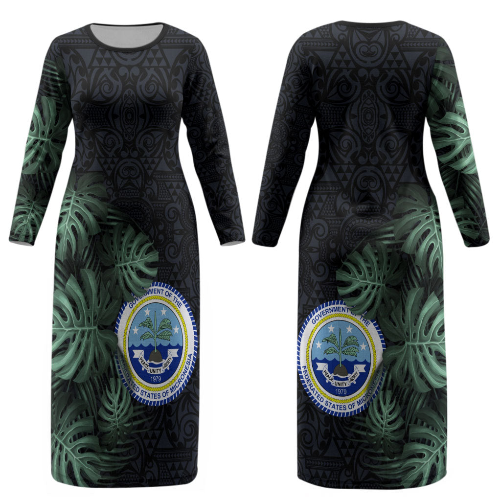 Federated States Of Micronesia Couples Matching Long Sleeve Bodycon Dress and Hawaiian Shirt FSM Tropical Monstera Leaf Dark Tribal Pattern